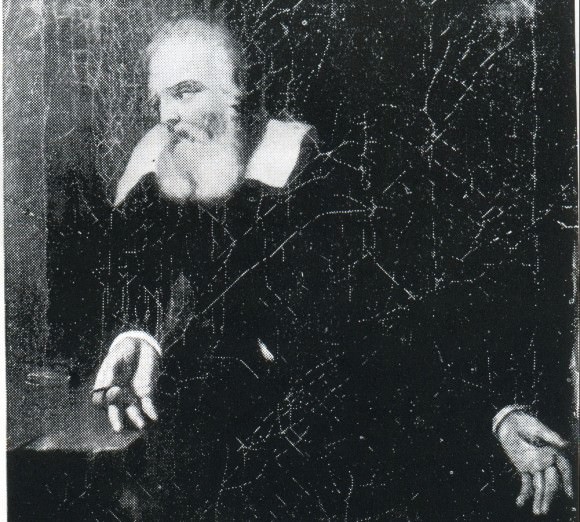 Portrait, attributed to Murillo, of Galileo gazing at the words "E pur si muove" (not legible in this image) scratched on the wall of his prison cell. Credit: