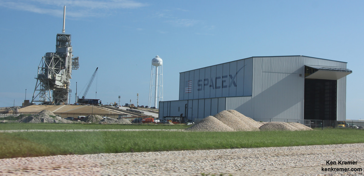 SpaceX Crew Dragon will blast off atop a Falcon 9 rocket from Launch Pad 39A at NASA's Kennedy Space Center in Florida  for missions to the International Space Station. Pad 39A is  undergoing modifications by SpaceX to adapt it to the needs of the company's Falcon 9 and Falcon Heavy rockets, which are slated to lift off from the historic pad in the near future. A horizontal integration facility (right) has been constructed near the perimeter of the pad where rockets will be processed for launch prior of rolling out to the top of the pad structure for liftoff. Credit: Ken Kremer/Kenkremer.com