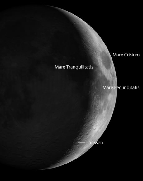 You'll see two and possibly three lunar "seas" tonight (Nov. 15). Only a portion of Mare Tranquilliitatis (Seas of Tranquility) is exposed. The large crater Janssen, 118 miles wide and 1.8 miles deep, is visible in binoculars. Credit: Virtual Moon Atlas / Legrande and Chevalley