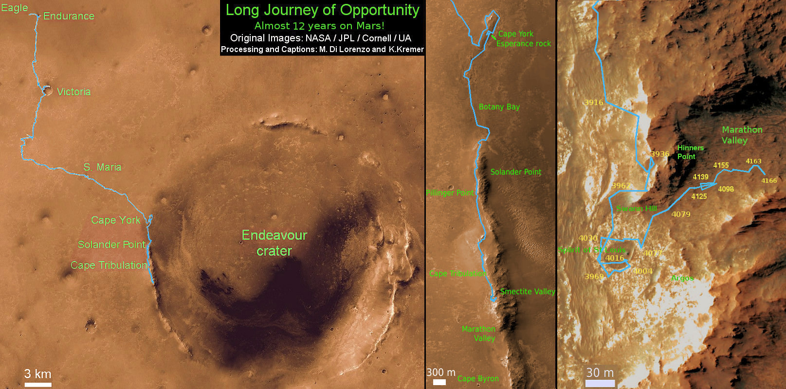 Nearly 12 Year Traverse Map for NASA’s Opportunity rover from 2004 to 2015.  This map shows the entire path the rover has driven during almost 12 years and more than a marathon runners distance on Mars for over 4191 Sols, or Martian days, since landing inside Eagle Crater on Jan 24, 2004 – to current location at the western rim of Endeavour Crater and descending into Marathon Valley. Rover surpassed Marathon distance on Sol 3968 and marked 11th Martian anniversary on Sol 3911. Opportunity discovered clay minerals at Esperance – indicative of a habitable zone – and is currently searching for more at Marathon Valley. Credit: NASA/JPL/Cornell/ASU/Marco Di Lorenzo/Ken Kremer/kenkremer.com