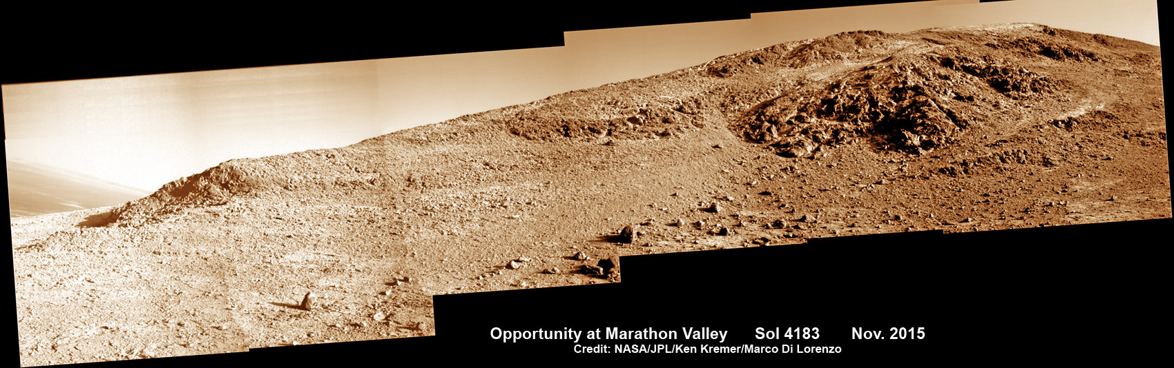 NASA’s Opportunity rover snaps panoramic view of rock outcrop and the sun facing southern wall of Marathon Valley from current location in early November 2015.  This pancam camera photo mosaic was assembled from images taken on Sol 4182 and 4183 (Oct. 29 and 30, 2015) and colorized.  Endeavour crater floor seen at far left.  Credit: NASA/JPL/Cornell/Ken Kremer/kenkremer.com/Marco Di Lorenzo