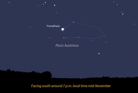 Piscis Austrinus, the Southern Fish, has but one bright star, 1st magnitude Fomalhaut. It shines all by its lonesome in the south around 7 p.m. local time at mid-month. The star is located only 25 light years from Earth. Source: Stellarium 