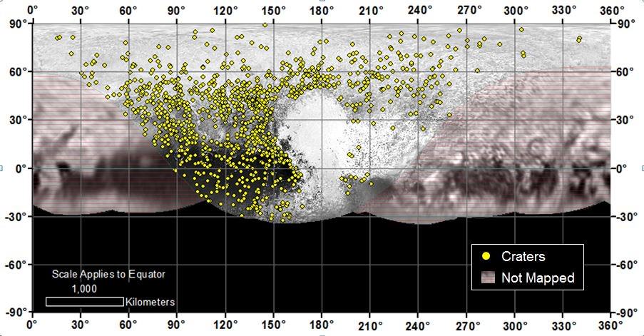 Locations of more than 1,000 craters mapped on Pluto by NASA’s New Horizons mission indicate a wide range of surface ages, which likely means that Pluto has been geologically active throughout its history.  Credit: NASA/Johns Hopkins University Applied Physics Laboratory/Southwest Research Institute