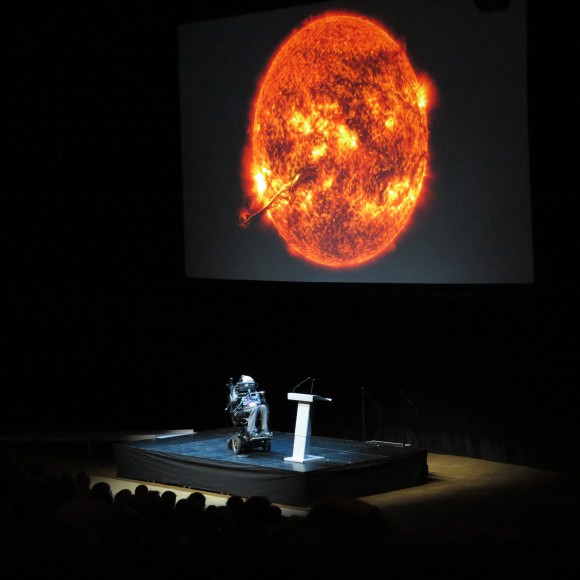 Stephen Hawking holding a public lecture at the Stockholm Waterfront congress center, 24 August 2015. Credit: Public Domain/photo by Alexandar Vujadinovic 