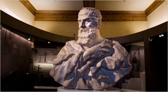  A bust of Galileo at the Galileo Museum in Florence, Italy. The museum is displaying recovered parts of his body. Credit Kathryn Cook for The New York Times 