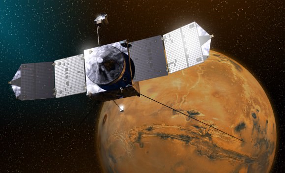 NASA’s Mars Atmosphere and Volatile EvolutioN (MAVEN) spacecraft celebrated one Earth year in orbit around Mars on Sept. 21, 2015. MAVEN was launched to Mars on Nov. 18, 2013 from Cape Canaveral Air Force Station in Florida and successfully entered Mars’ orbit on Sept. 21, 2014. Credit: NASA
