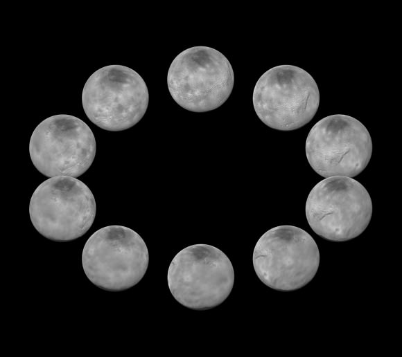 On approach to the Pluto system in July 2015, the cameras on NASA's New Horizons spacecraft captured images of the largest of Pluto's five moons, Charon, rotating over the course of a full day. The best currently available images of each side of Charon taken during approach have been combined to create this view of a full rotation of the moon. Credit: NASA/JHUAPL/SwRI.