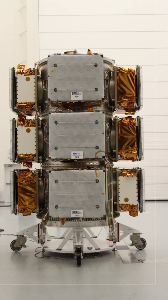 Photo of stacked ORBCOMM OG2 satellites slated for Dec 19, 2015 launch on SpaceX Falcon 9 from Cape Canaveral.  Credit: Orbcomm/Marc Eisenberg