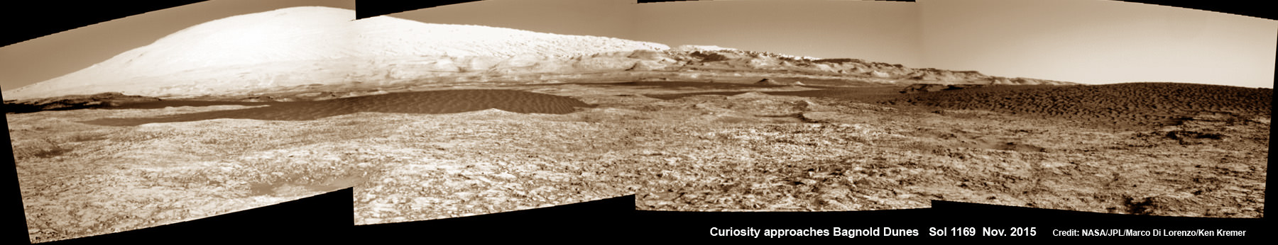 Curiosity approaches the dark Bagnold Dunes backdropped by towering Mount Sharp, for first in-place study of an active sand dune anywhere other than Earth.  This colorized photo mosaic is stitched from navcam camera raw images taken on Sol 1169, Nov. 19, 2015.  Credit: NASA/JPL/ Marco Di Lorenzo/Ken Kremer/kenkremer.com