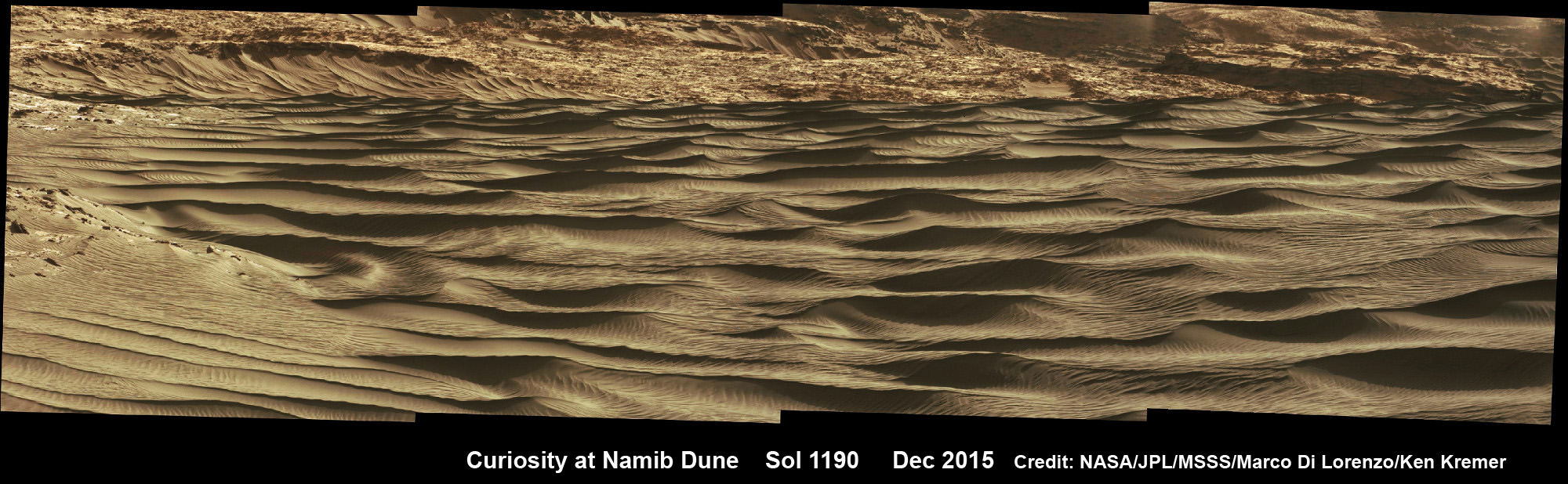 Curiosity observes dark dunes up close after arriving in the vicinity of Namib Dune at base of Mount Sharp to study sand movements over time.  This photo mosaic is stitched from Mastcam camera raw images taken on Sol 1190, Dec. 11, 2015.  Credit: NASA/JPL/MSSS/Marco Di Lorenzo/Ken Kremer/kenkremer.com
