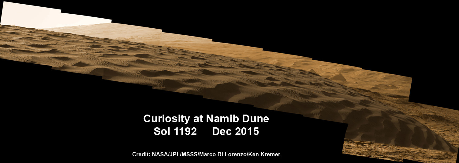 Curiosity drives around the dark Namib sand dunes for first in-place study of an active sand dune anywhere beyond Earth.  This colorized photo mosaic is stitched from Mastcam camera raw images taken on Sol 1192, Dec. 13, 2015.  Credit: NASA/JPL/MSSS/Marco Di Lorenzo/Ken Kremer/kenkremer.com
