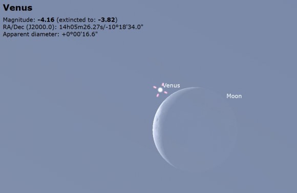Venus near the daytime Moon as seen from Tampa, Florida at noon on December 7th. Image credit: Stellarium 