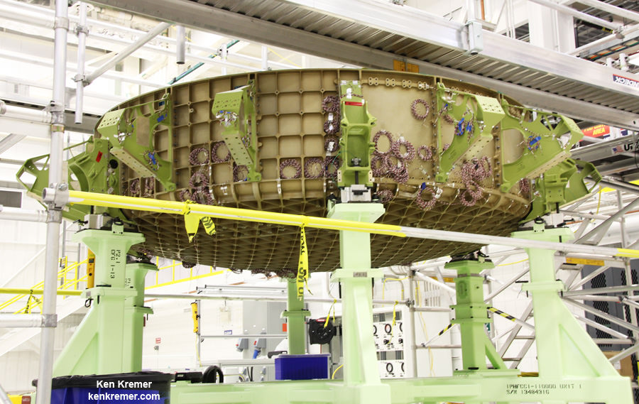 View of lower dome of the first Boeing CST-100 ‘Starliner’ crew  spaceship under assembly at NASA’s Kennedy Space Center and known as the Structural Test Article (STA), with many strain gauges installed.  The Starliner STA is being built at Boeing’s Commercial Crew and Cargo Processing Facility (C3PF) manufacturing facility at KSC. Credit: Ken Kremer /kenkremer.com