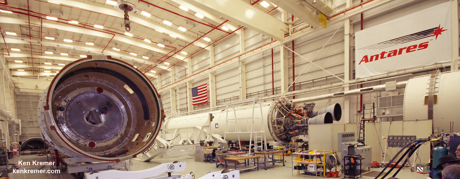 The new RD-181 engines are installed on the Orbital ATK Antares first stage core ready to support a full power hot fire test at the NASA Wallops Island launch pad in March 2016.  Credit: Ken Kremer/kenkremer.com 