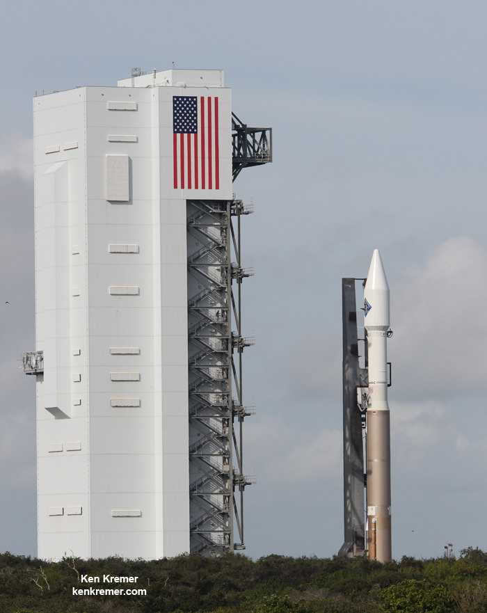 Orbital ATK Cygnus CRS-4 spacecraft and ULA Atlas V rollout to launch pad at Cape Canaveral Air Force Station, Florida. Credit: Ken Kremer/kenkremer.com 
