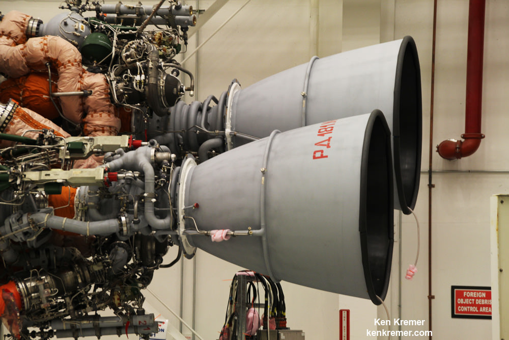 The new RD-181 engines are installed on the Orbital ATK Antares first stage core ready to support a full power hot fire test at the NASA Wallops Island launch pad in March 2016.  New thrust adapter structures, actuators, and propellant feed lines are incorporated between the engines and core stage.   Credit: Ken Kremer/kenkremer.com 