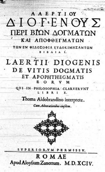 Diogenes Laërtius: Lives and Opinions of Eminent Philosophers. A biography of the Greek philosophers. Title page from year 1594. Credit: Public Domain