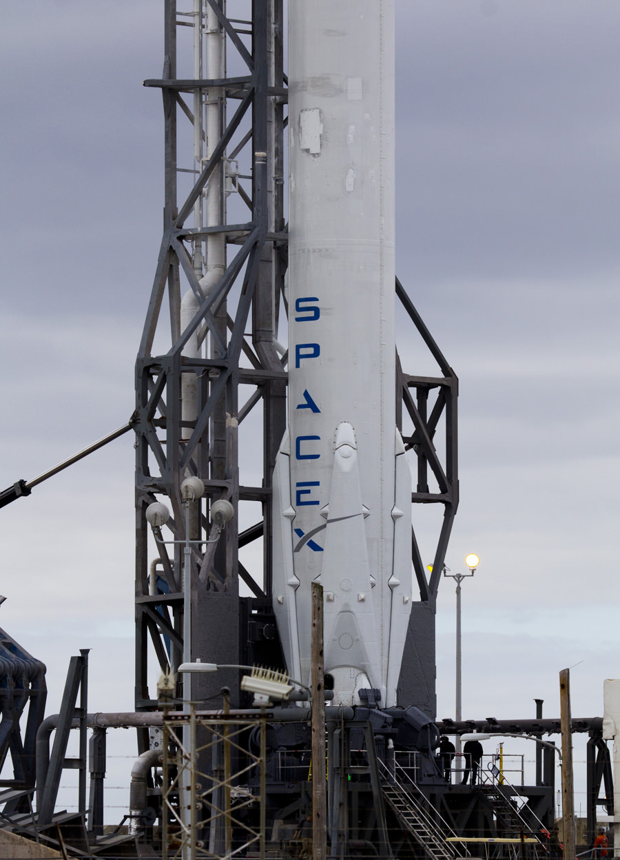 Up close view of landing legs at base of SpaceX Falcon 9 rocket for Orbcomm OG2 launch at pad 40 at Cape Canaveral, Fla. for launch on Dec. 21, 2015.  Credit: Jeff Seibert/AmericaSpace