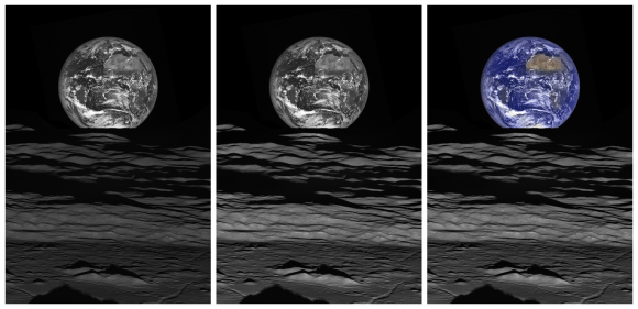 Three versions of the image with various processing. On the left the Earth and Moon have the same contrast stretch, in the center the brightness of the Moon is increased relative to that of the Earth, and on the right the WAC color (for the Earth only) is overlain on the middle image. Credit: NASA/ /GSFC/Arizona State University. 