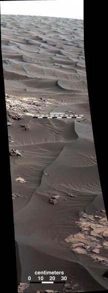 The rippled surface of the first Martian sand dune ever studied up close fills this Nov. 27, 2015, view of "High Dune" from the Mast Camera on NASA's Curiosity rover. This site is part of the "Bagnold Dunes" field of active dark dunes along the northwestern flank of Mount Sharp.  The raw images for this mosaic were taken on Nov. 27, 2015, Sol 1176.  Credits: NASA/JPL-Caltech/MSSS 