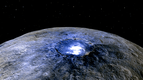 This representation of Ceres' Occator Crater in false colors shows differences in the surface composition. Occator measures about 60 miles (90 kilometers) wide. Credits: NASA/JPL-Caltech/UCLA/MPS/DLR/IDA