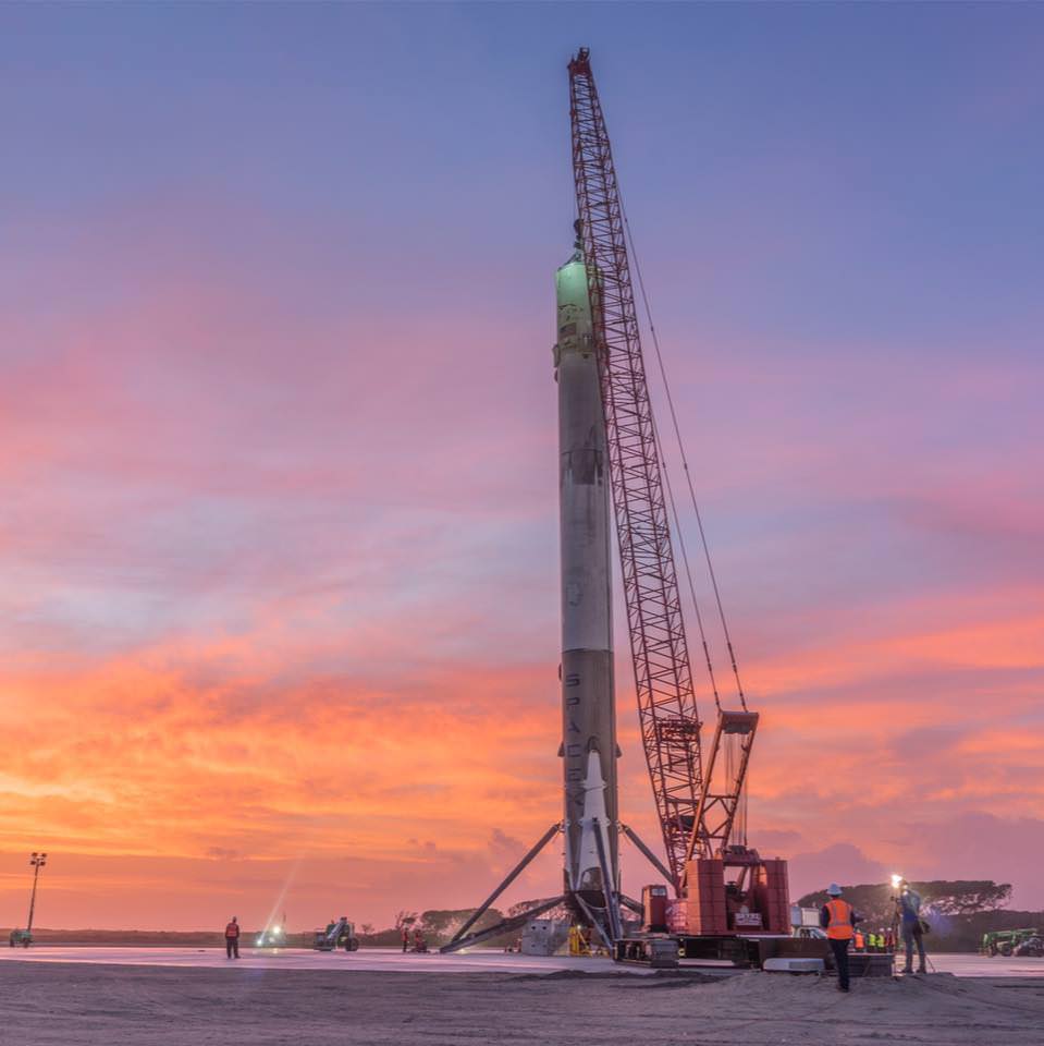 Recovered Falcon 9 first stage standing on LZ-1 at Cape Canaveral after intact landing on Dec. 21, 2015. Credit: SpaceX
