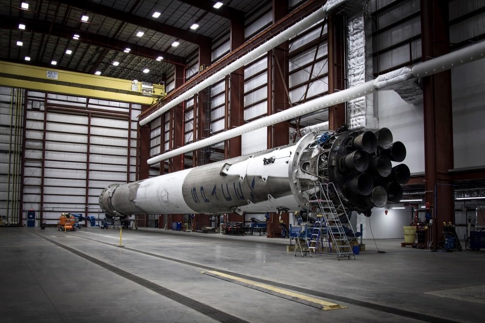 Falcon 9 first stage in pad 39A hangar at Kennedy Space Center following upright landing recovery from launch  on Dec. 21, 2015.  Credit: SpaceX