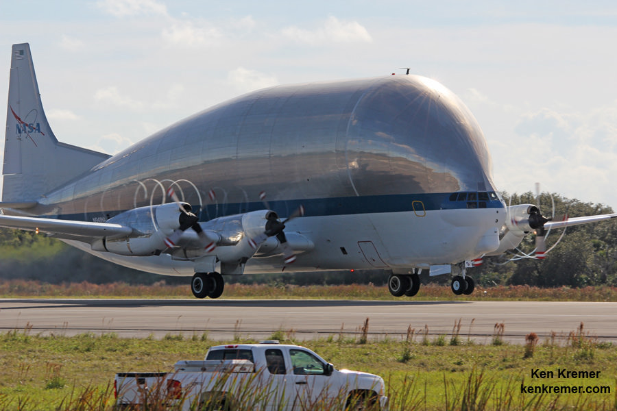 This NASA Super Guppy aircraft will deliver Orion EM-1 pressure vessel to Kennedy Space Center in Florida on Feb. 1, 2016.  This photo shows the Super Guppy take off from the shuttle landing runway at KSC on Dec. 5, 2013 after delivering Orion EFT-1 heat shield. Credit: Ken Kremer/kenkremer.com