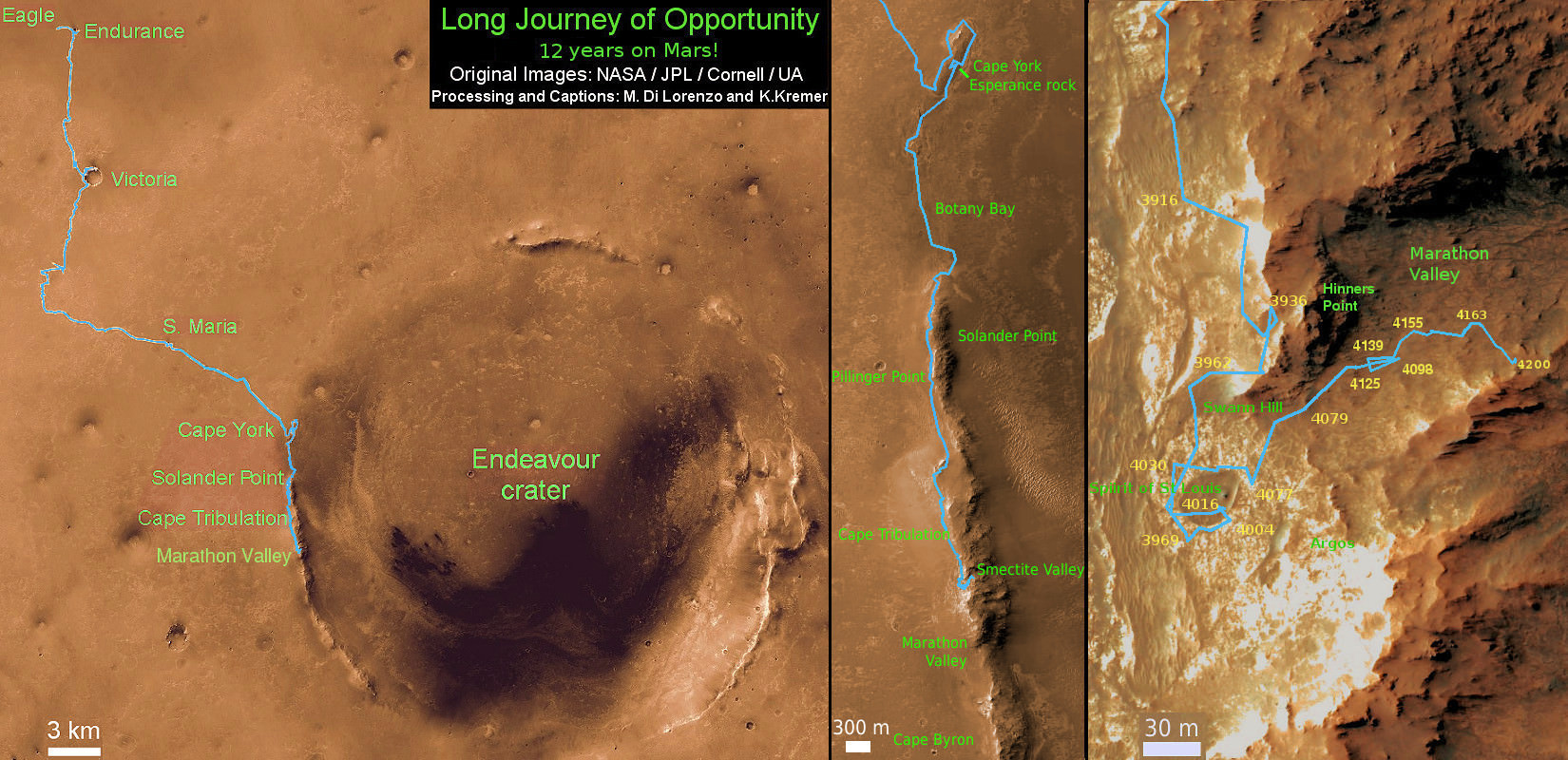 12 Year Traverse Map for NASA’s Opportunity rover from 2004 to 2016. This map shows the entire path the rover has driven during almost 12 years and more than a marathon runners distance on Mars for over 4267 Sols, or Martian days, since landing inside Eagle Crater on Jan 24, 2004 - to current location at the western rim of Endeavour Crater and descending into Marathon Valley. Rover surpassed Marathon distance on Sol 3968 and marked 11th Martian anniversary on Sol 3911. Opportunity discovered clay minerals at Esperance – indicative of a habitable zone - and is currently searching for more at Marathon Valley.  Credit: NASA/JPL/Cornell/ASU/Marco Di Lorenzo/Ken Kremer/kenkremer.com