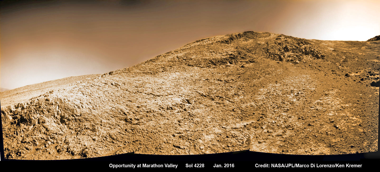 NASA’s Opportunity rover images current worksite at Knudsen Ridge on Sol 4228 where the robot is grinding into rock targets inside Marathon Valley during 12th Anniversary of touchdown on Mars in Jan. 2016.  Credit: NASA/JPL/Cornell/Marco Di Lorenzo/Ken Kremer/kenkremer.com