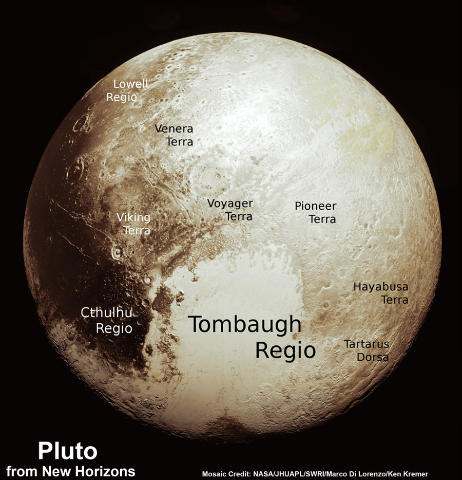 This new global mosaic view of Pluto was created from the latest high-resolution images to be downlinked from NASA’s New Horizons spacecraft and released on Sept. 11, 2015. The images were taken as New Horizons flew past Pluto on July 14, 2015, from a distance of 50,000 miles (80,000 kilometers). This new mosaic was stitched from over two dozen raw images captured by the LORRI imager and colorized. Annotated with informal place names. Credits: NASA/Johns Hopkins University Applied Physics Laboratory/Southwest Research Institute/Marco Di Lorenzo/Ken Kremer/kenkremer.com