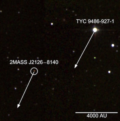 A false-colour image of the planet 2MASS J2126 and star TYC 9486-927-1 moving through space. The white arrow indicates 1,000 years of movement. Image: 2MASS/S. Murphy/ANU