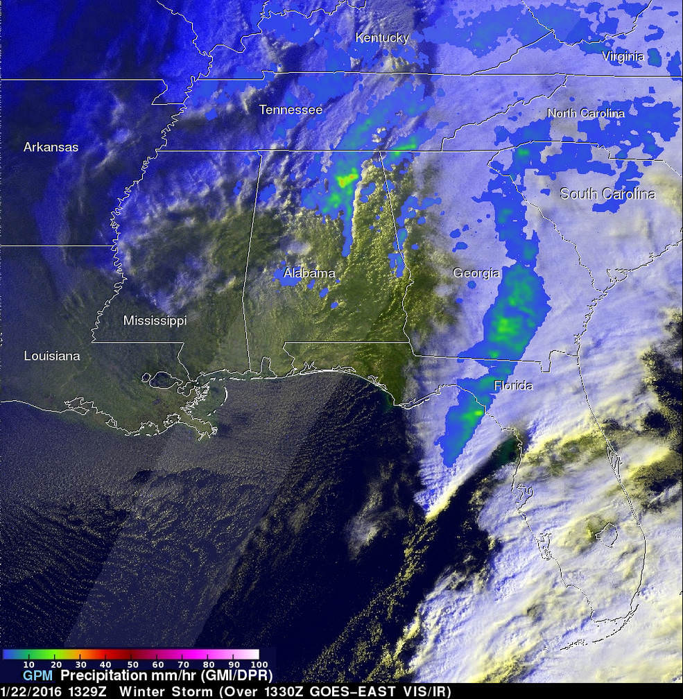 On January 22 at 1329 UTC (8:29 a.m. EST) the GPM core satellite saw precipitation falling at a rate of over 64 mm (2.5 inches) per hour in storms over northern Alabama.  Credits: SSAI/NASA/JAXA, Hal Pierce 