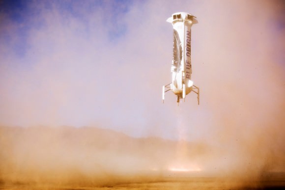 New Shepard comes in for a landing with drag brakes and landing gear deployed. Image: Blue Origin. 