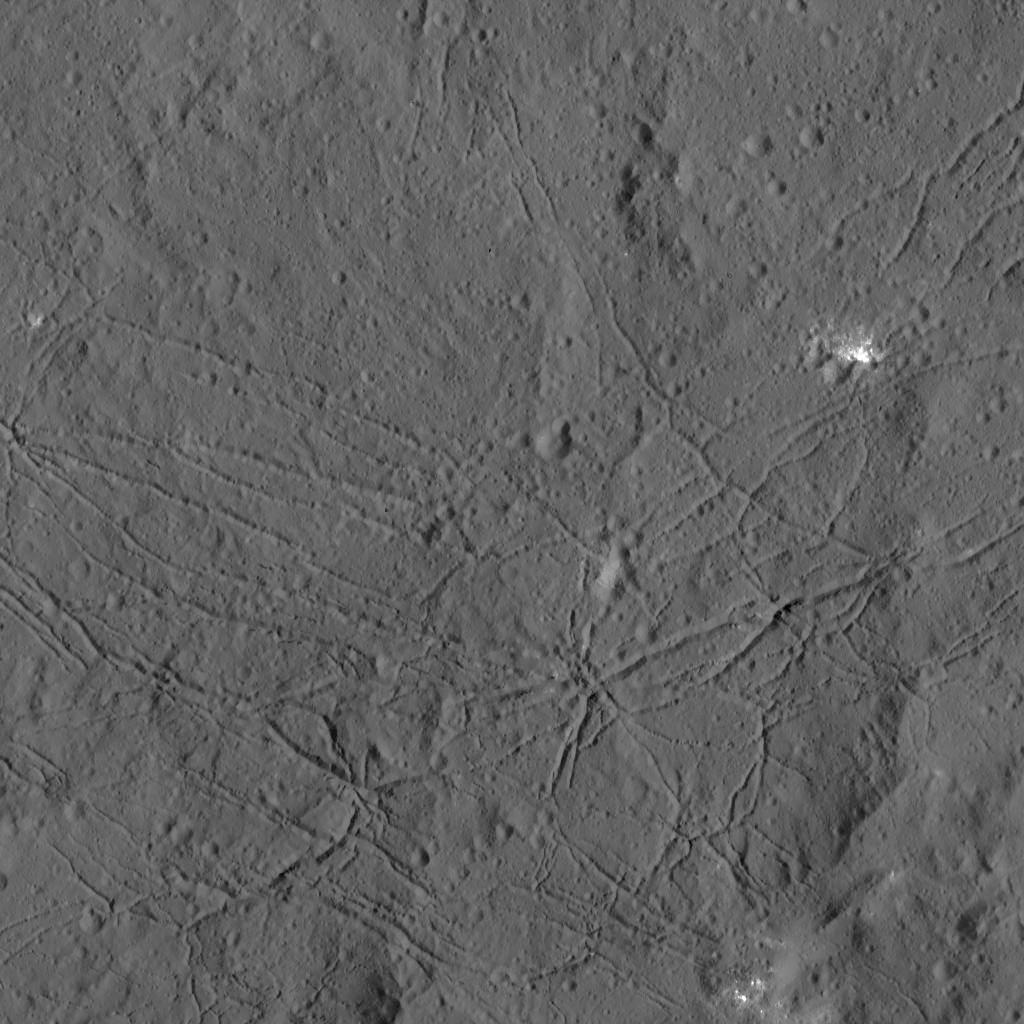 The fractured floor of Dantu Crater on Ceres is seen in this image from NASA's Dawn spacecraft. Similar fractures are seen in Tycho, one of the youngest large craters on Earth's moon. This cracking may have resulted from the cooling of impact melt, or when the crater floor was uplifted after the crater formed.  Credits: NASA/JPL-Caltech/UCLA/MPS/DLR/IDA