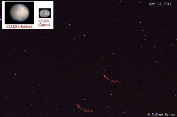 Vesta crosses paths with Ceres in 2014. Image credit and copyright: Andrew Symes