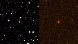 Star KIC 8462852 in infrared (2MASS survey) and ultraviolet (GALEX). Credit: Infrared: IPAC/NASA / Ultraviolet: STScI (NASA) 