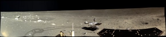 This is a 360 degree panoramic image of the rover and part of the lander. Bright white rocks litter the rim of the crater on the left. Image: Chinese Academy of Sciences/China National Space Administration/The Science and Application Centre for Moon and Deep Space Exploration/Emily Lakdawalla.