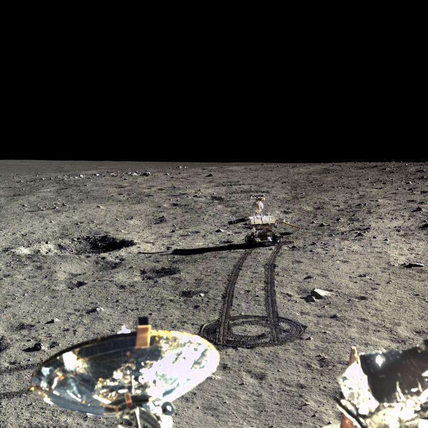This image shows the Yutu rover leaving the lander area and making its way on the lunar surface. Image: Chinese Academy of Sciences/China National Space Administration/The Science and Application Centre for Moon and Deep Space Exploration/Emily Lakdawalla.