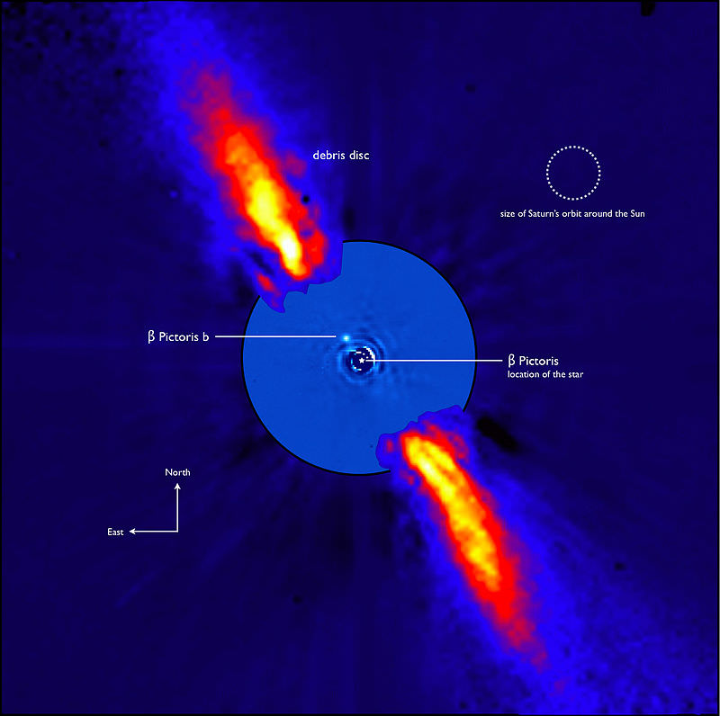 Beta Pictoris-b in orbit around the debris disk of the star Beta Pictoris. It's a fascinating image, but it doesn't tell us anything about the planet's surface. Image: ESA/A-M LeGrange et. al.