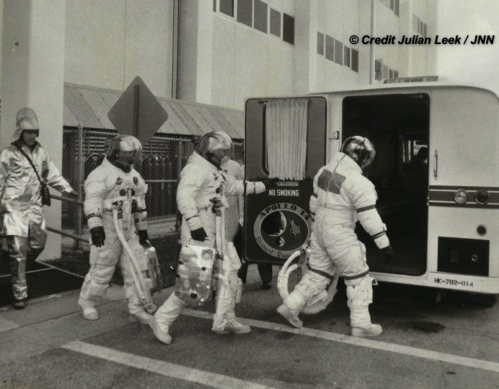 Apollo 14 astronaut crew, including Moonwalkers Alan B. Shepard Jr., mission commander (first) and Edgar D. Mitchell, lunar module pilot (last), and Stuart A. Roosa, command module pilot (middle) walk out to the astrovan bringing them to the launch pad at NASA’s Kennedy Space Center.    Credit: Julian Leek 