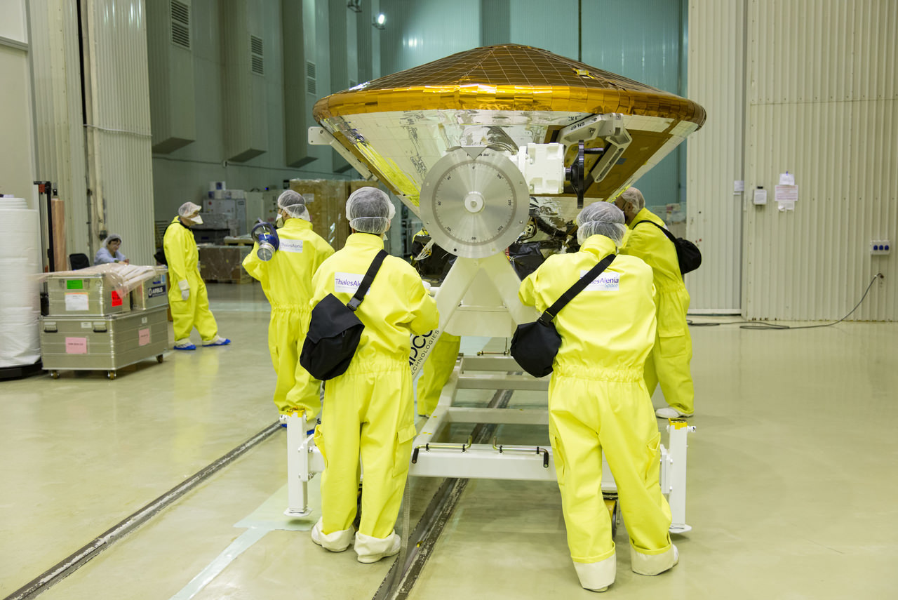 The ExoMars 2016 entry, descent and landing demonstrator module, Schiaparelli, being transported from a cleanroom to the fuelling area, in the Baikonur cosmodrome, where it will be united with the Trace Gas Orbiter on 12 February 2016. Copyright: ESA - B. Bethge