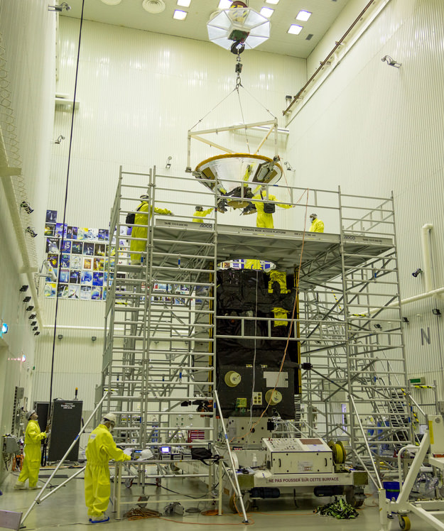 ExoMars Schiaparelli lander being mated with the Trace Gas Orbiter on 12 February 2016. Credit: ESA - B. Bethge