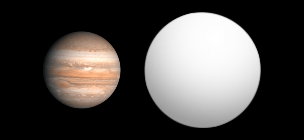  exoplanet 2M1207 b with the Solar System planet Jupiter. Although four times more massive than the Jovian planet, gravity compresses its matter to keep it relatively small. Credit: Wikipedia / Aldaron