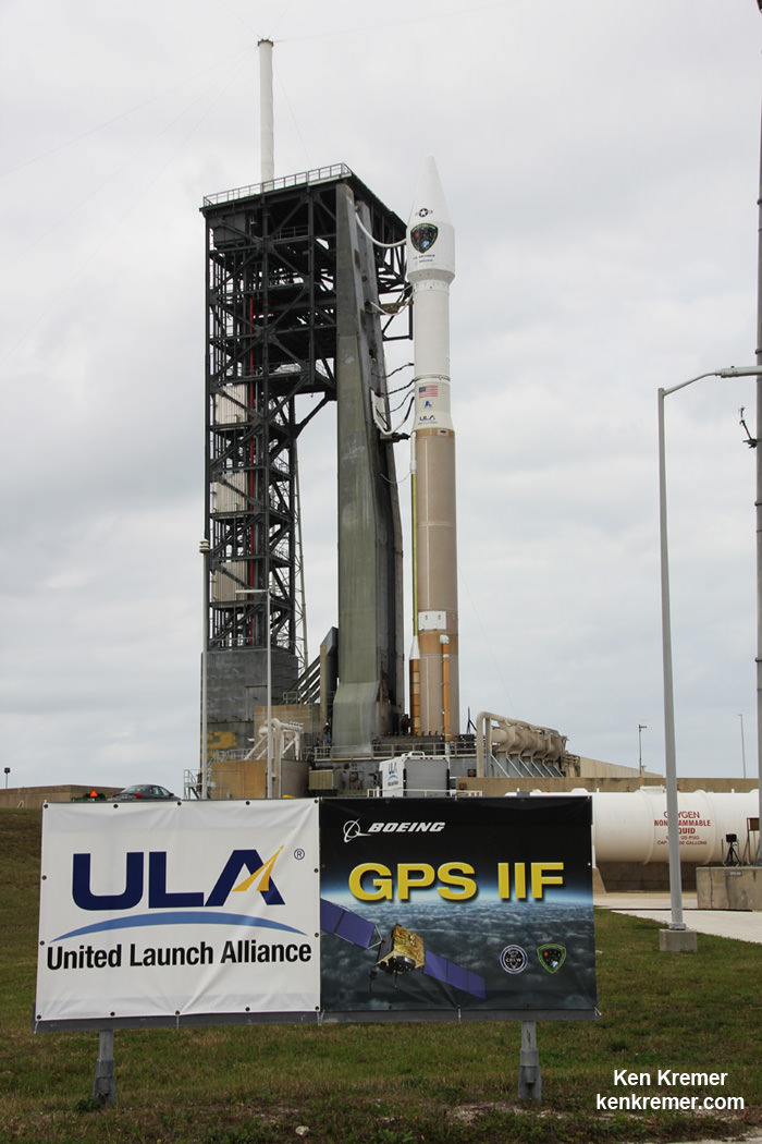 ULA Atlas V carrying UASF GPS navigation satellite is poised for blastoff on Feb. 5, 2016 from Space Launch Complex-41 at Cape Canaveral Air Force Station, Florida.  Newly installed crew access tower stands to right of Atlas rocket. Credit: Ken Kremer/kenkremer.com