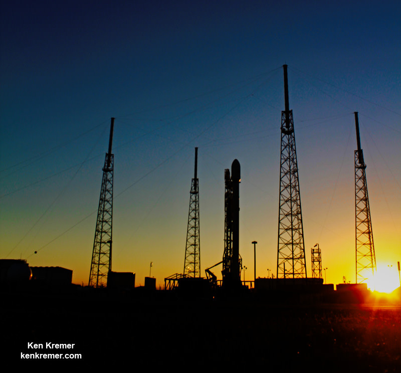 Sunset view of SpaceX Falcon 9 awaiting launch of SES-9 communications satellite on Feb. 28, 2016 from Pad 40 at Cape Canaveral, FL after two fueling scrubs. Credit: Ken Kremer/kenkremer.com