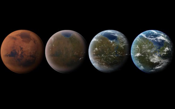 Artist's impression of the terraforming of Mars, from its current state to a livable world. Credit: Daein Ballard
