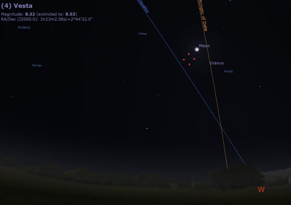 The waxing crescent Moon crosses paths with 4 Vesta on February 12th. Image credit Stellarium