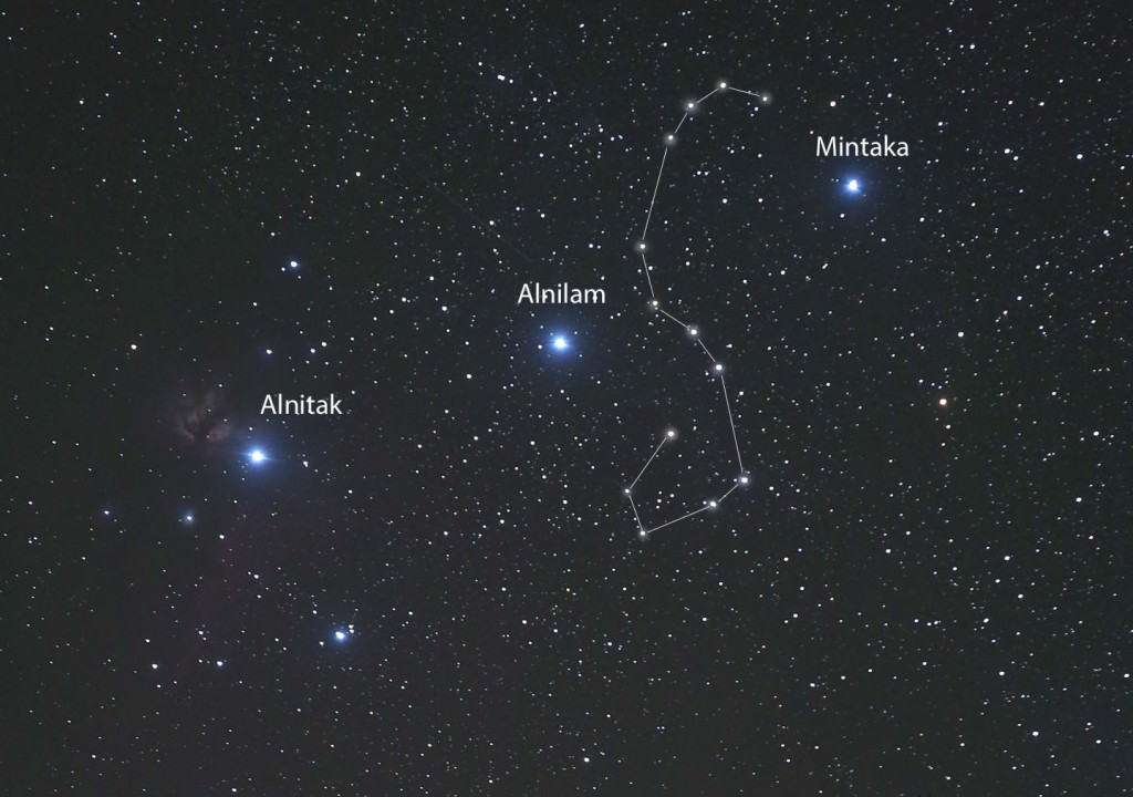 A pair of binoculars will make the "Curlicue" pop in Orion's Belt. Although the stars aren't related, they form a delightfully curvy line-of-sight pattern. Credit: Bob King