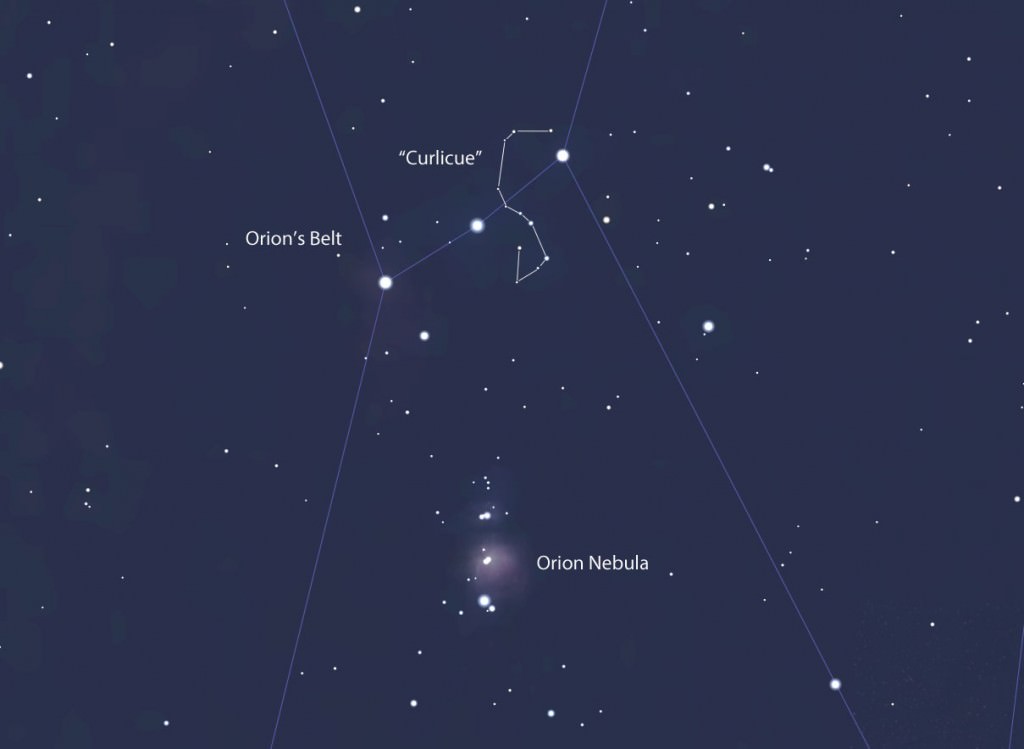 A pair of binoculars will make the "Curlicue" pop in Orion's Belt. Although the stars aren't related, they form a delightfully curvy line-of-sight pattern. Credit: Bob King